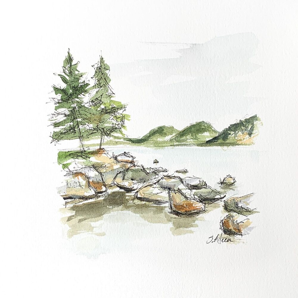 8x8 Maine Original Oil Watercolor Ink Acadia Jordan Pond New England Art Signed